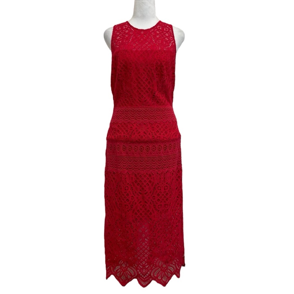 Tadashi Shoji Red Crochet Lace Jacques Cocktail Midi Dress